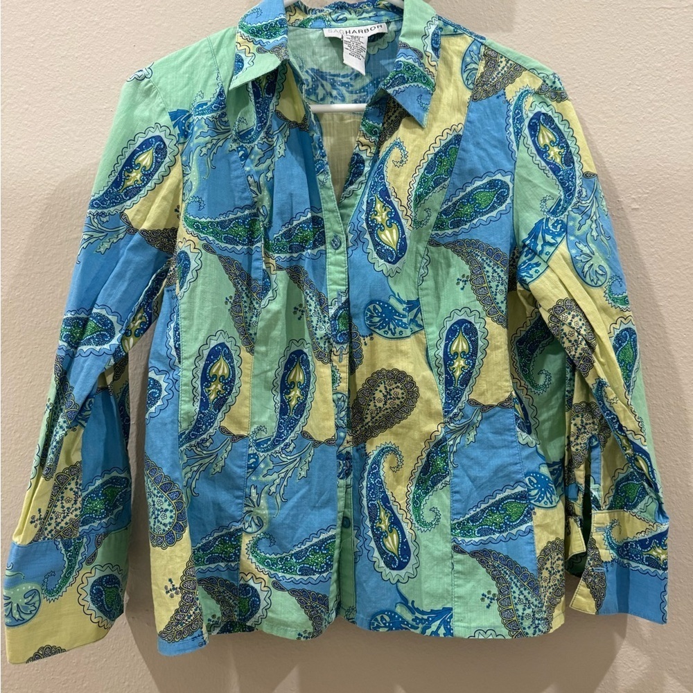 Sag Harbor Blue, Yellow, and Green Patchwork Paisley Button Down Shirt Size 10